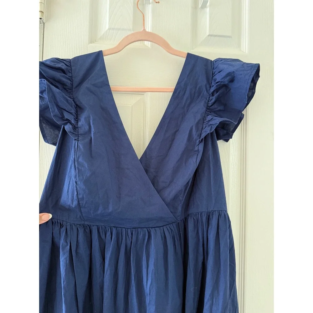 Eloquii Elements Coastal Romantic Navy Midi Dress Ruffle‎ Sleeve Tie Back 14